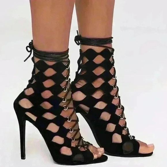 Pretty little Thing Chey Black Geometric Cut Out Lace Up Black Suede Heels - Picture 4 of 4